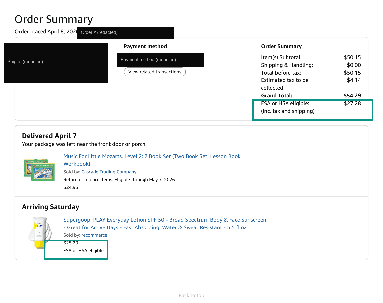 Amazon order details showing FSA or HSA eligible line on Supergoop sunscreen item and Order Summary box
