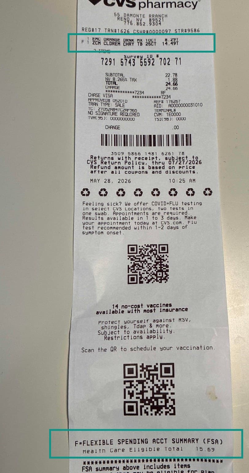 CVS receipt showing F-flag and FSA Health Care Eligible Total line