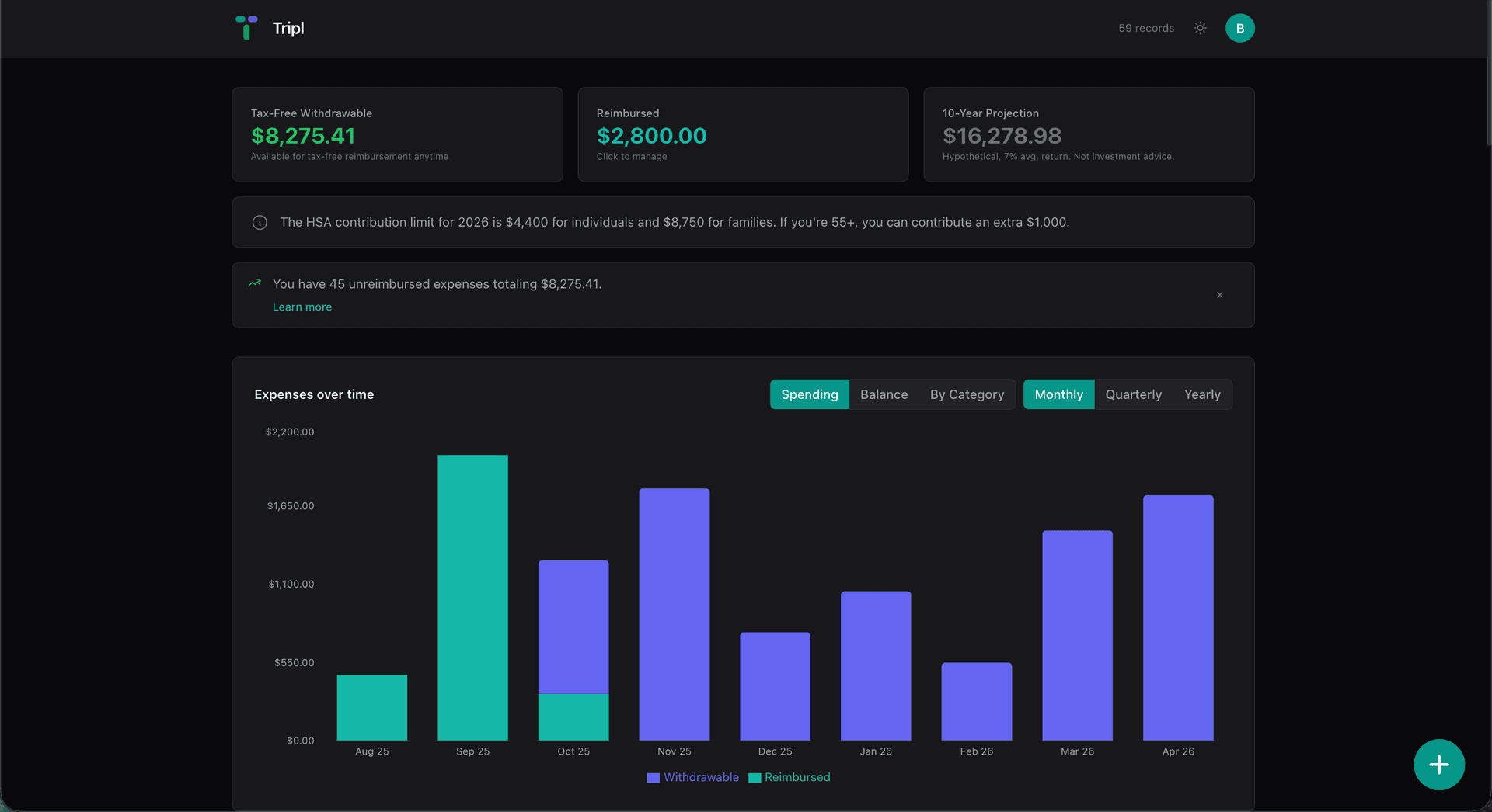 Tripl shows your tax-free withdrawable total and growth over time